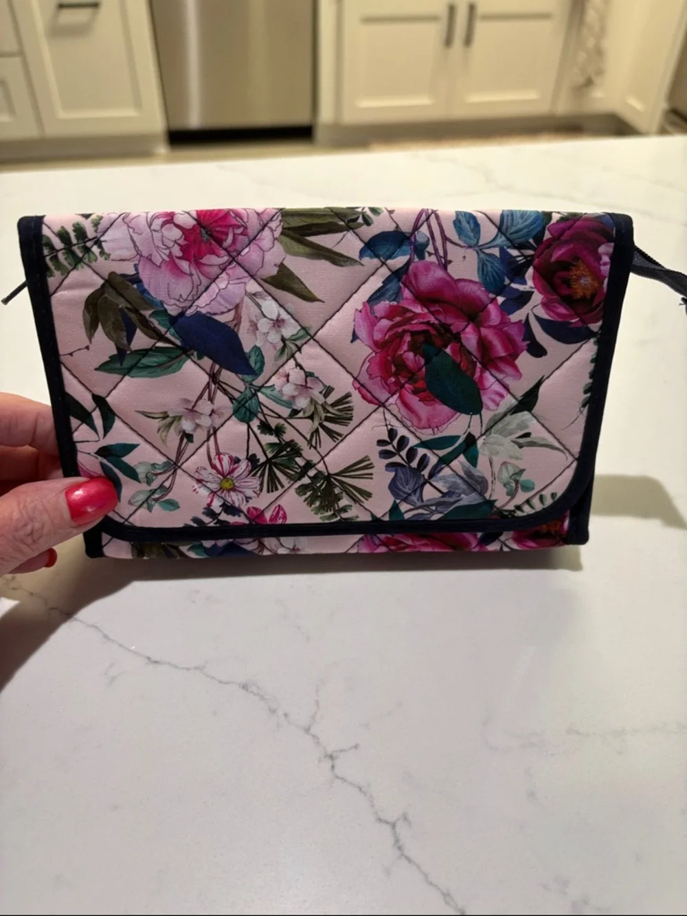 Floral Quilted Foldover Cosmetic Bag with mirror - Pink Floral….
